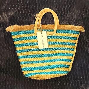 Antik Kraft Stripe Jute Tote Turqouis Wicker Made in India NWT